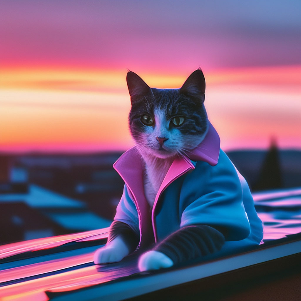 "A cat with cute eyes is sitting in a jacket on the roof of a house ...