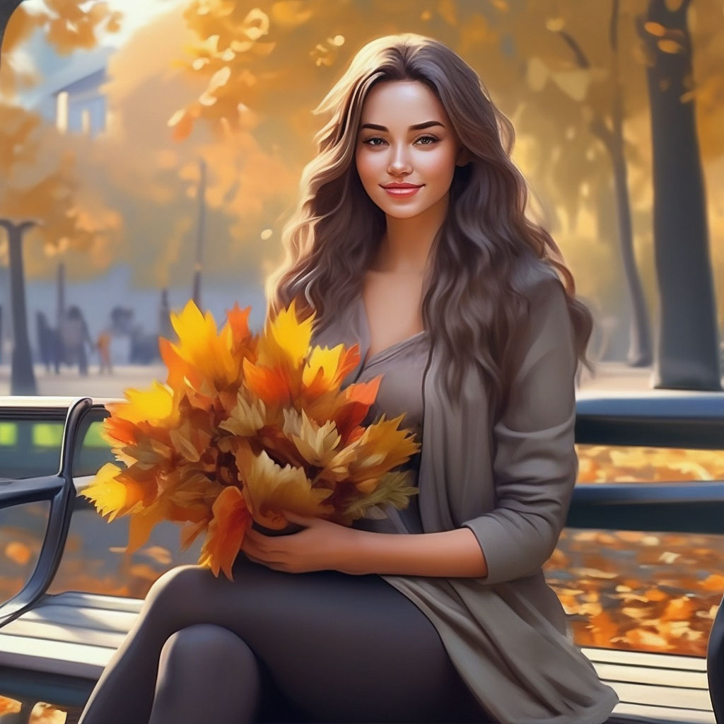 "A beautiful girl in an autumn park on a bench with a bouquet of autumn ...