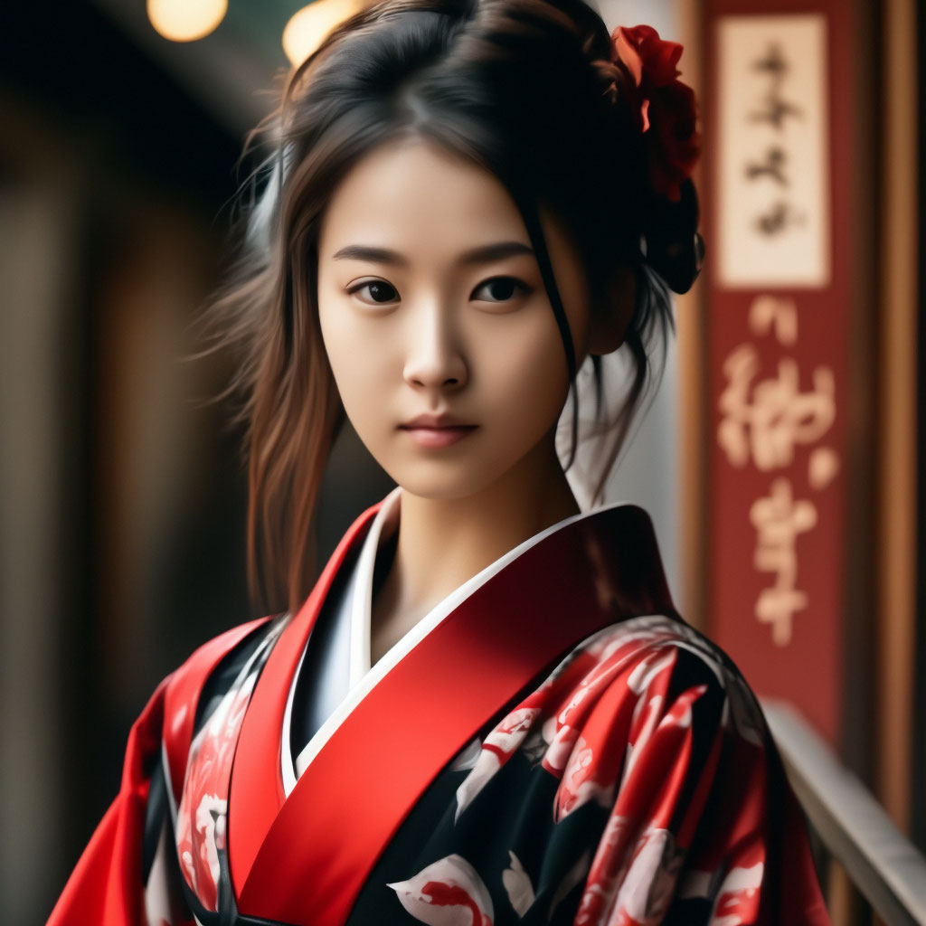 "A young Japanese woman in a black and red kimono." — image created in ...