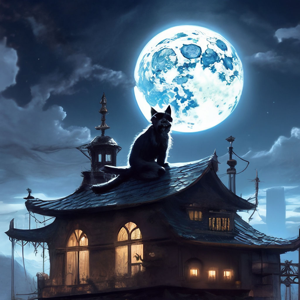 "The cat looks at the moon on the roof of the house" — image created in ...