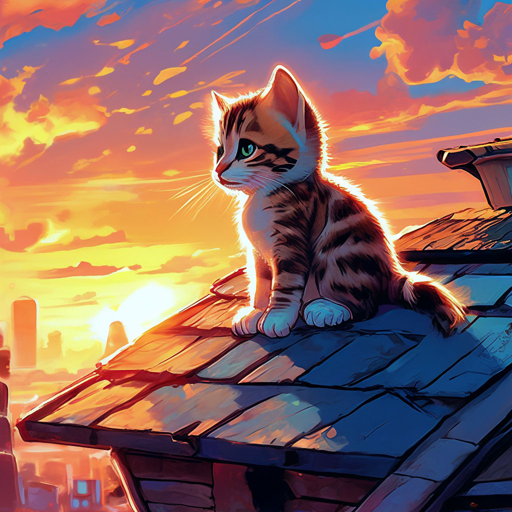 "A little kitten sits on the roof of a house and looks at the sunset ...