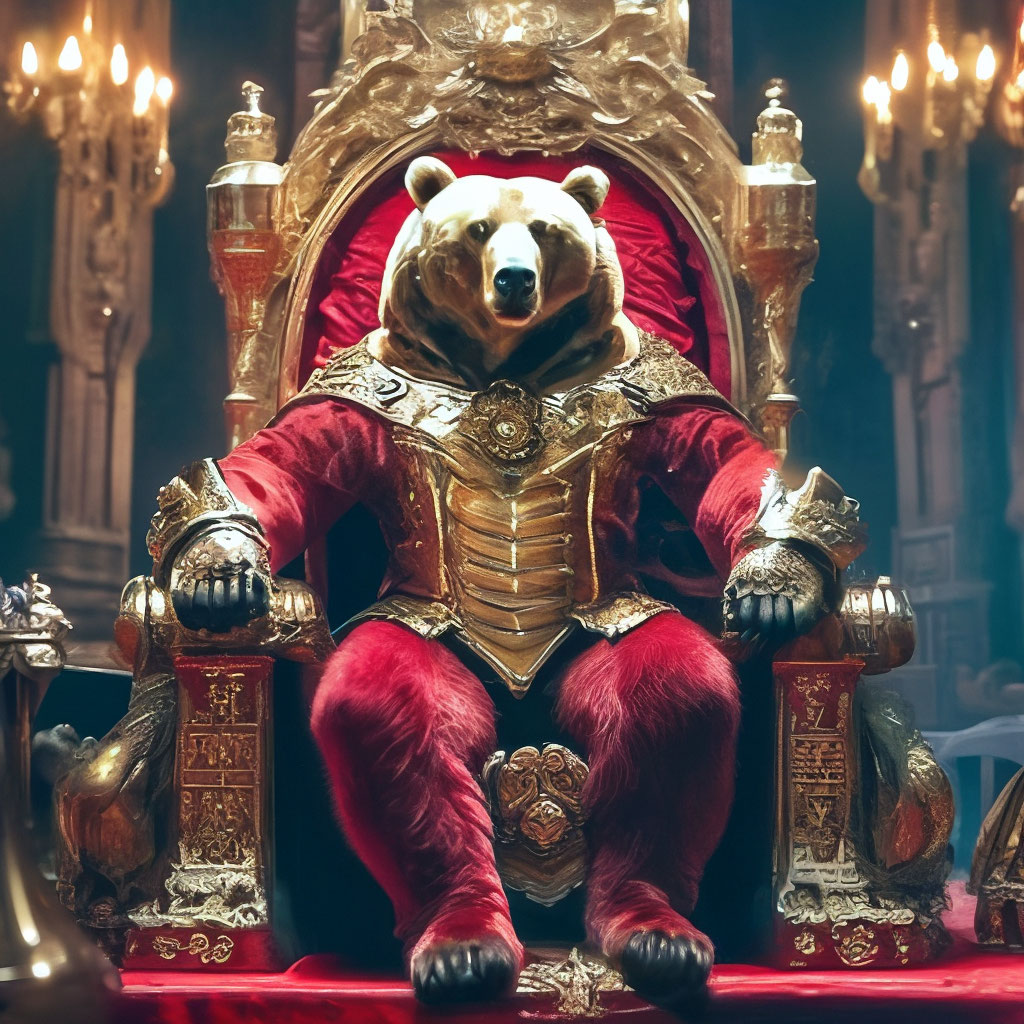 "The bear king sits on the throne, gold, red velvet, rubies, maximum ...