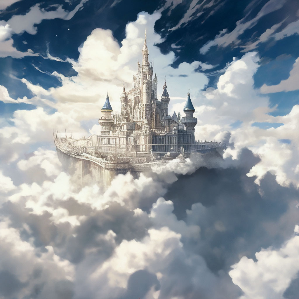 "Majestic white castle in the sky on a big white cloud" — image created ...