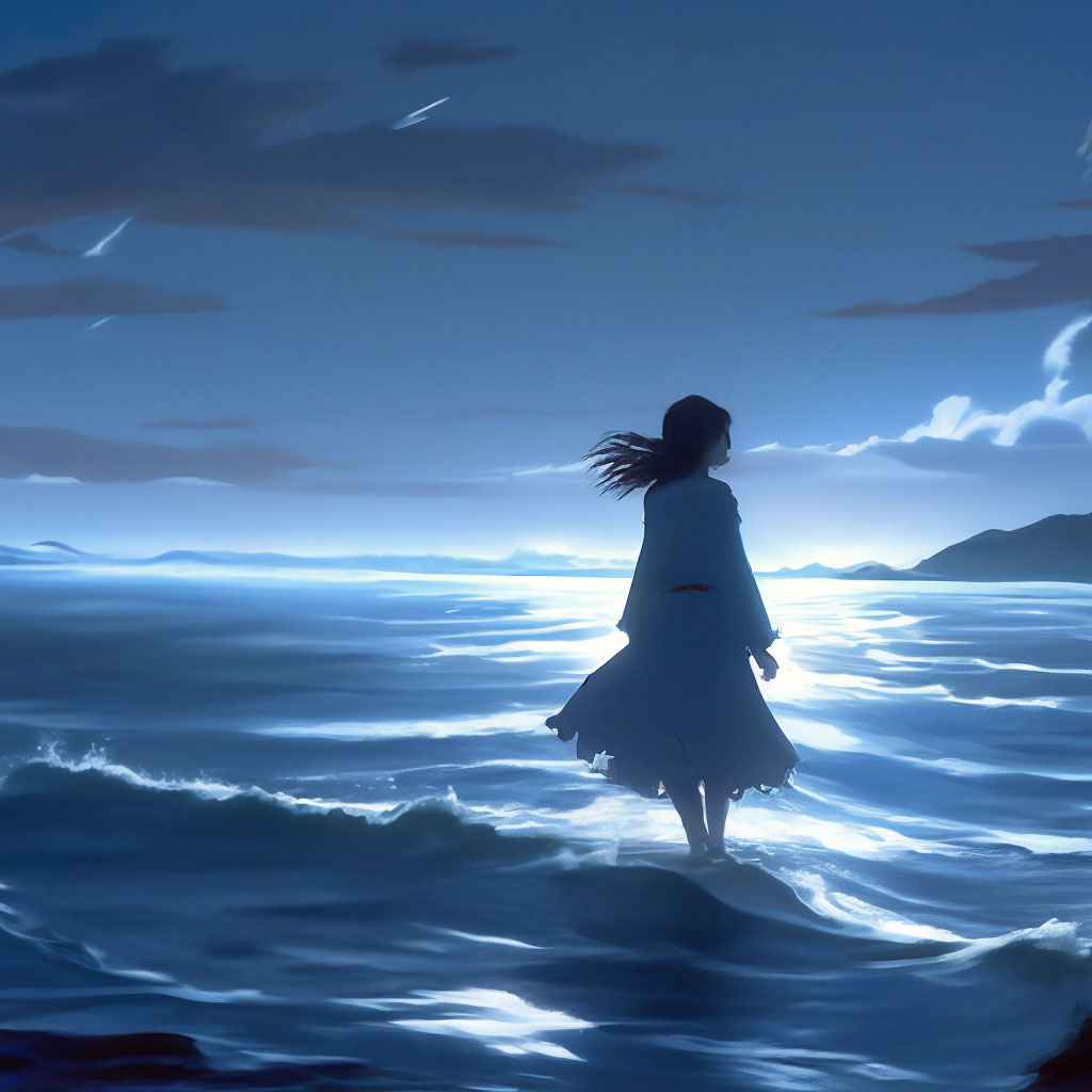 "A girl walks on the sea, illustration" — image created in Shedevrum