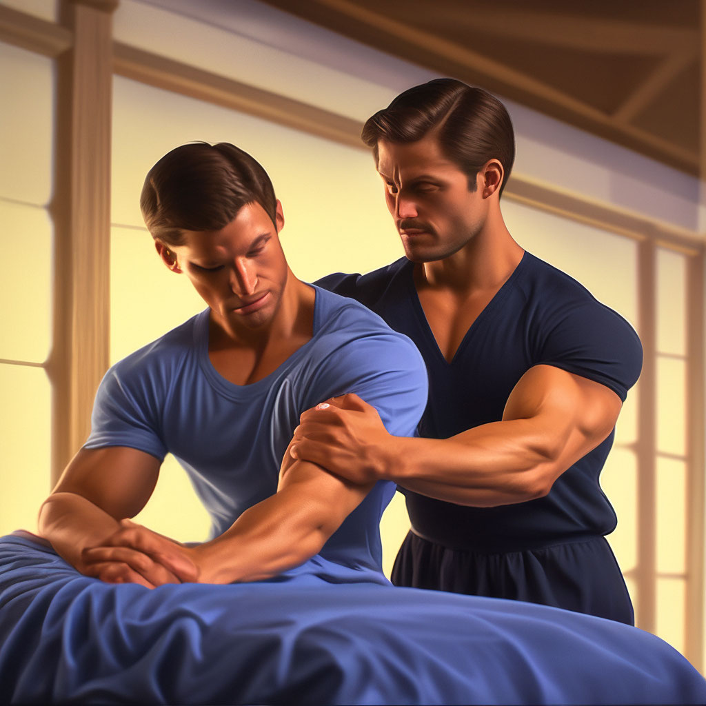 "A handsome strong young man gives a massage to a friend" — image ...