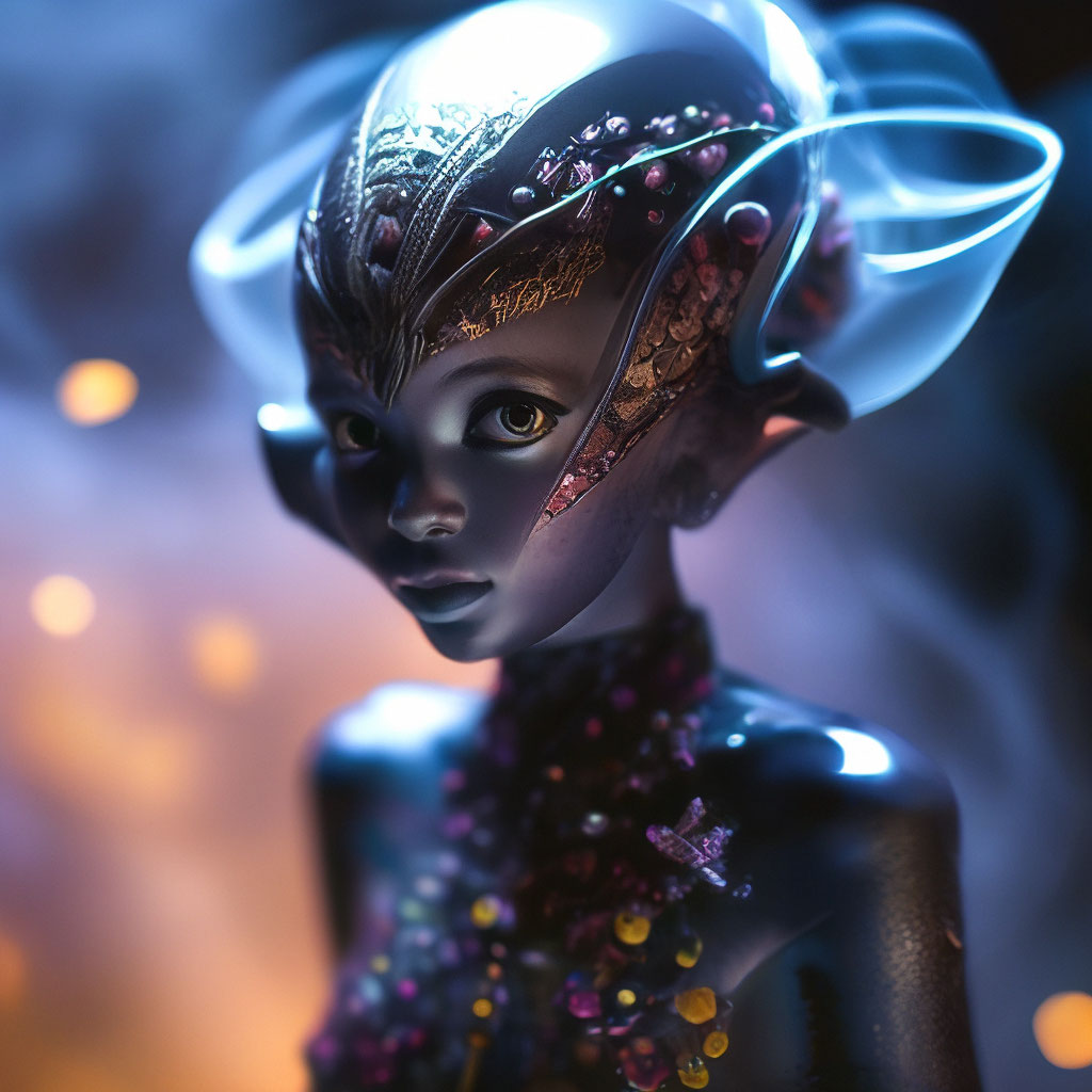 "A non-earthly cute alien girl hovers in the air, on another planet ...