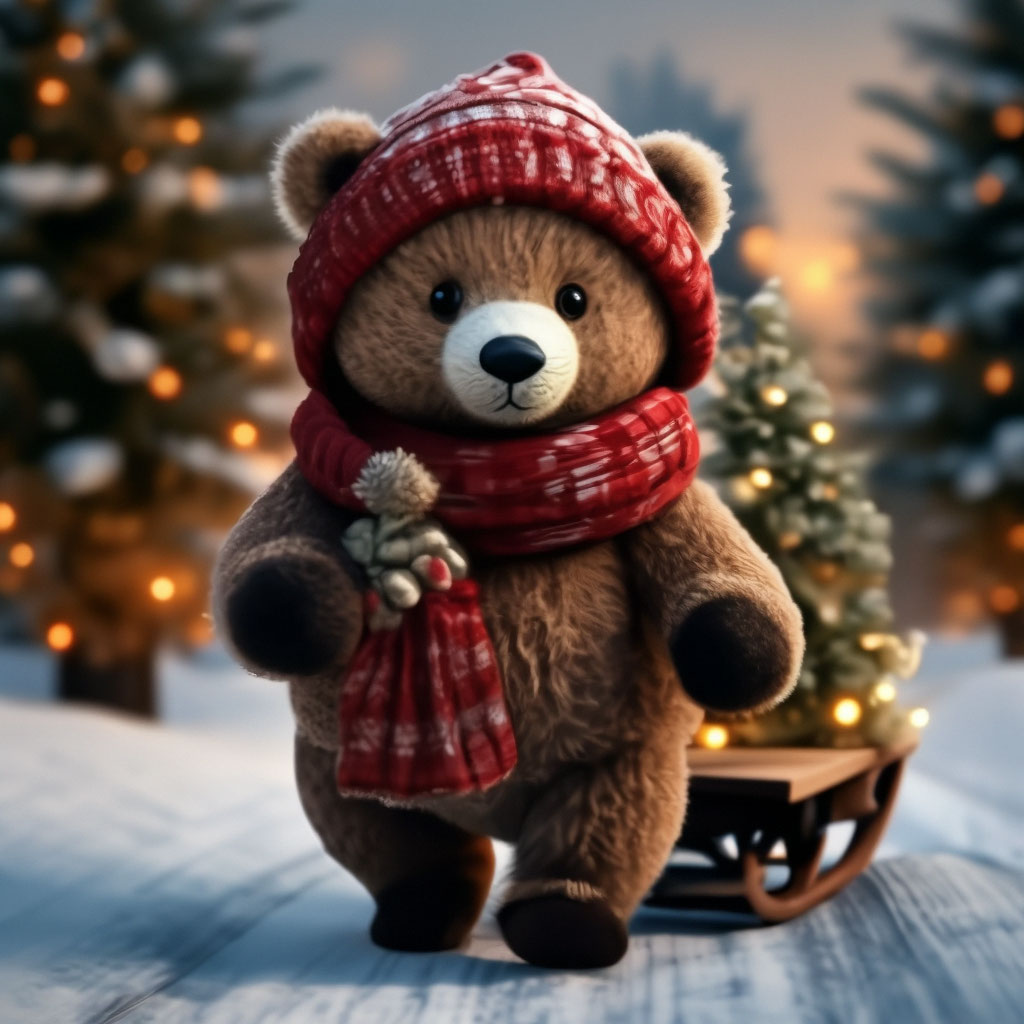 "Cartoon teddy bear in a hat scarf mittens valenki carries a Christmas ...
