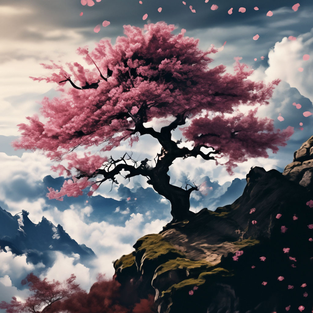 "A sakura tree on a mountain among clouds , a picturesque landscape ...