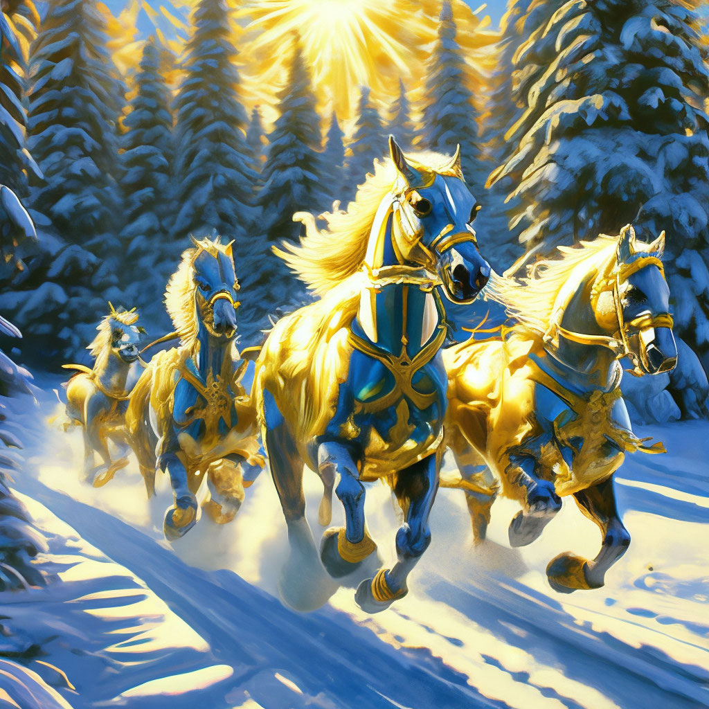 "Megarealism, gorgeous three white horses running through the snow in a ...