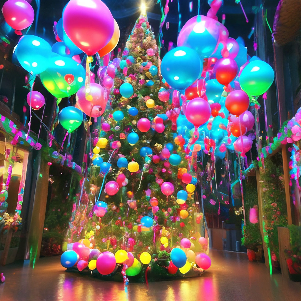 "The Christmas tree is covered with balloons and neon garlands, fantasy ...