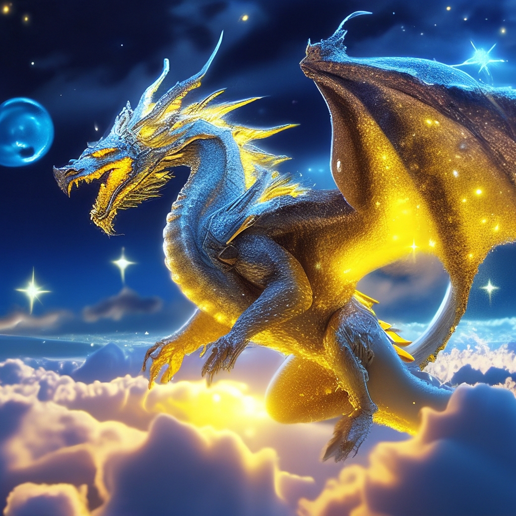"Night dragon with stars flying in the clouds and with a yellow moon ...