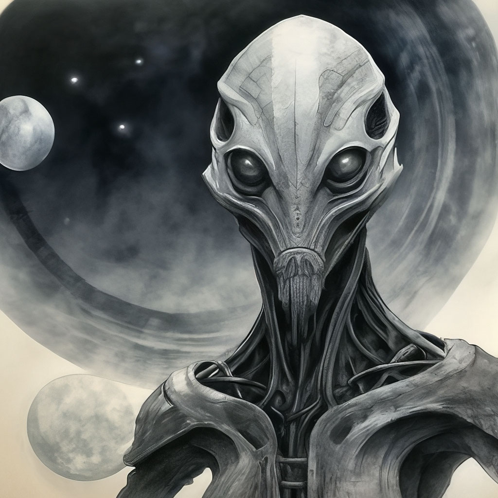 "An alien race. A dark humanoid. pencil hatching, ink, sci-fi ...