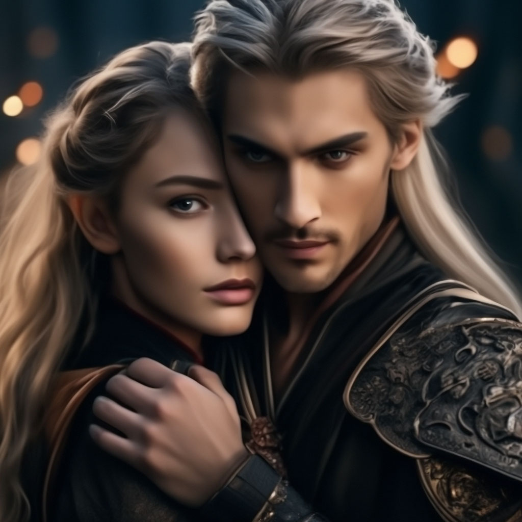 "A handsome elf man gently embraces an elf woman" — image created in ...