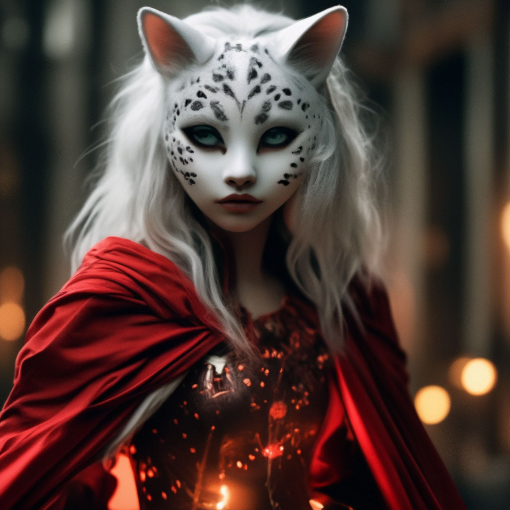 "A girl with white hair, wearing a cat mask with red-brown spots and ...