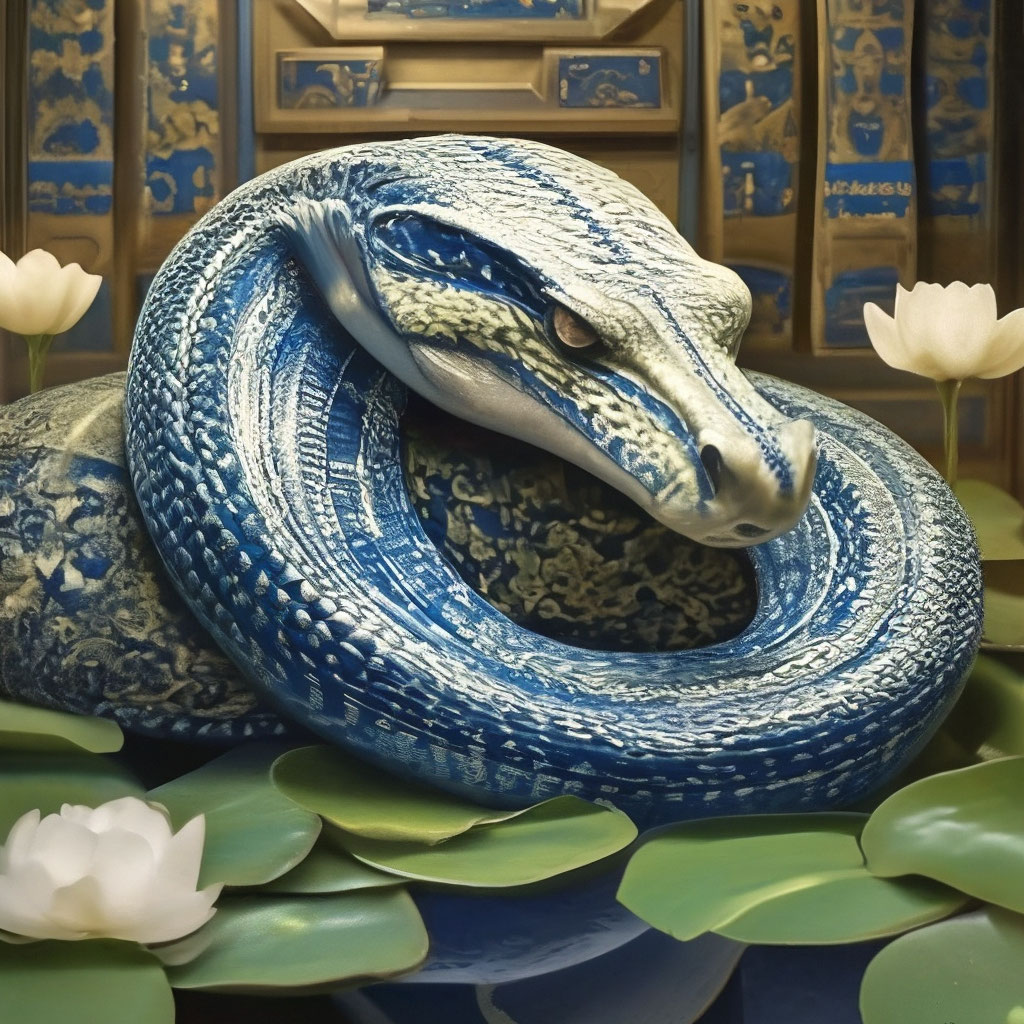 "Thoughtful hieroglyphic python in lotuses props his head with his tail ...