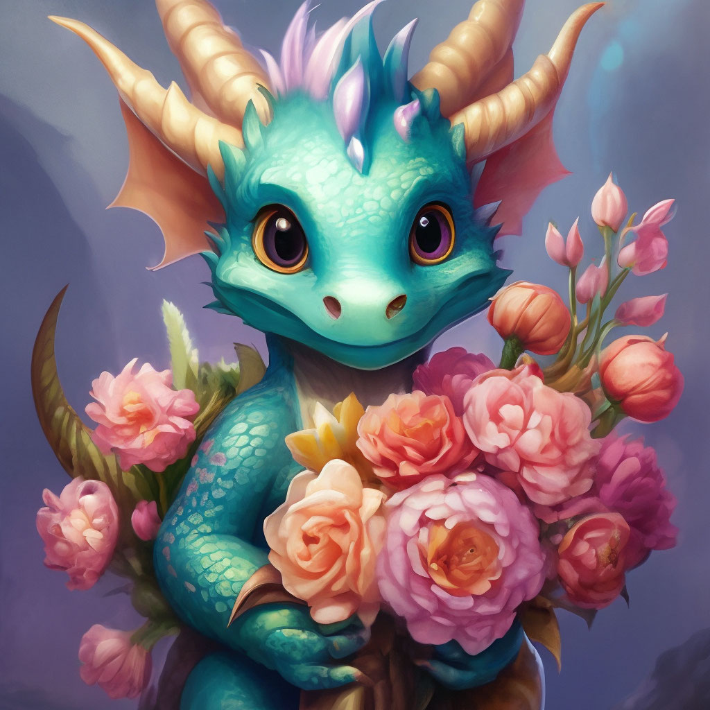 "A little dragon holding a bouquet of flowers in his hand" — image ...