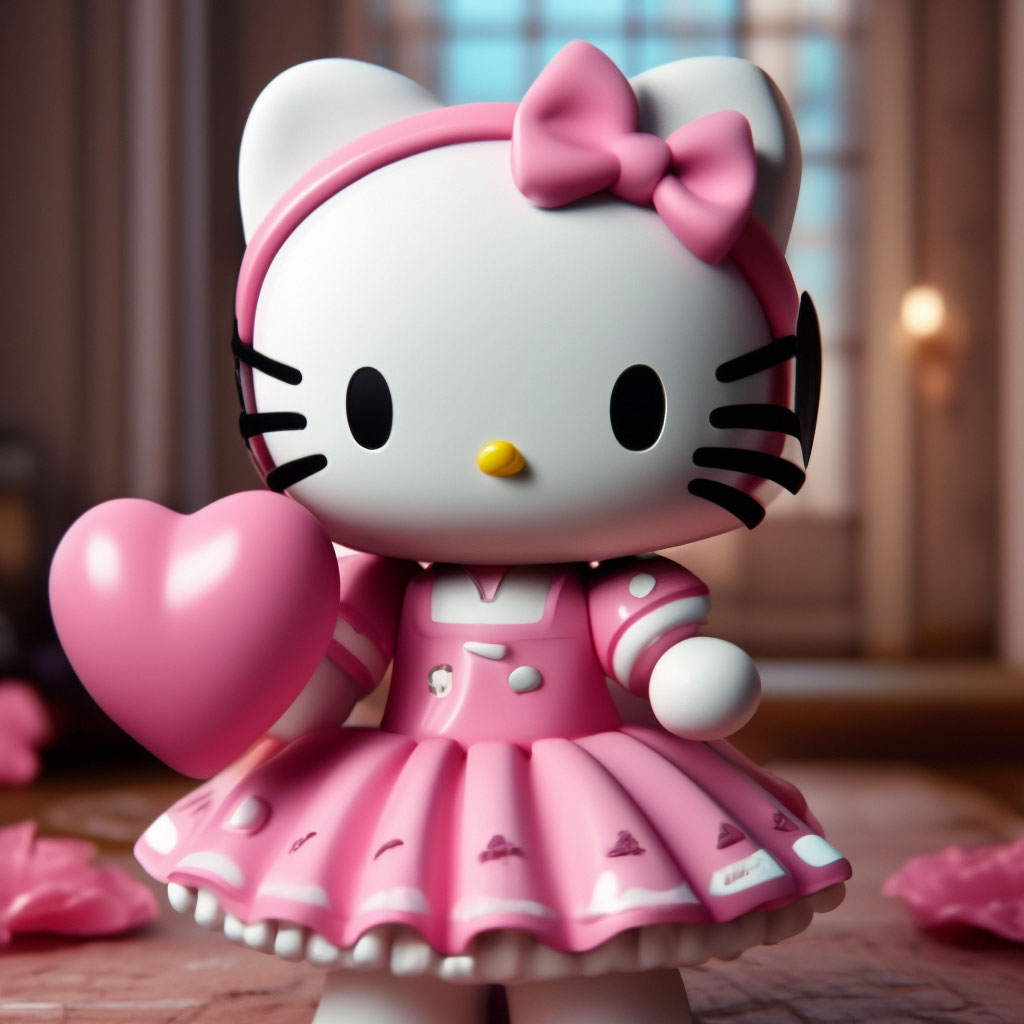 "Hello Kitty has a pink bow on her left ear, she is wearing a lush pink ...