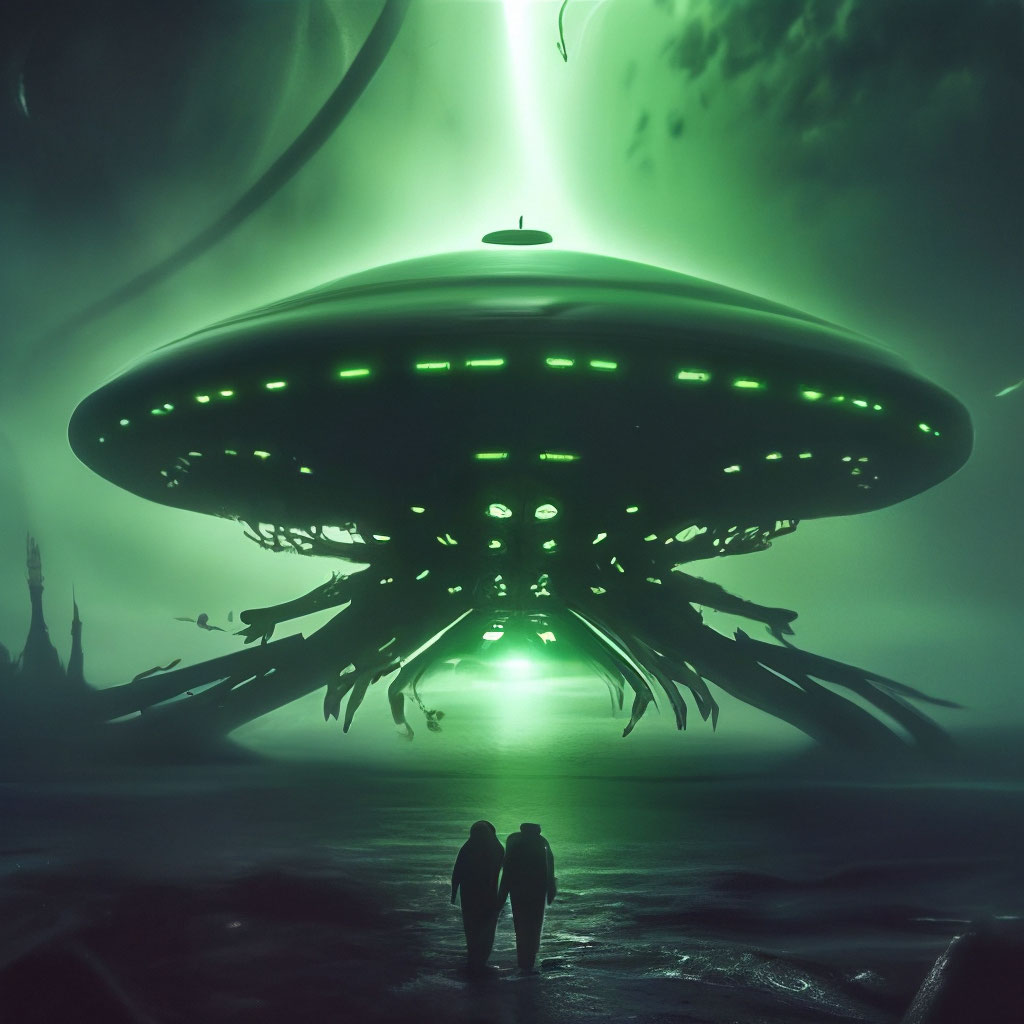 "Alien ship, infected, green, creepy, against the background of dark ...