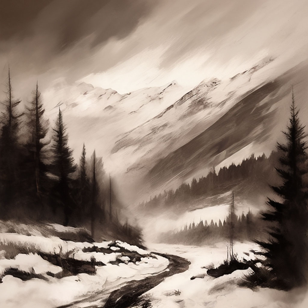 Landscape, snowstorm in the mountains, sepia, grisaille, sloppy sketch ...