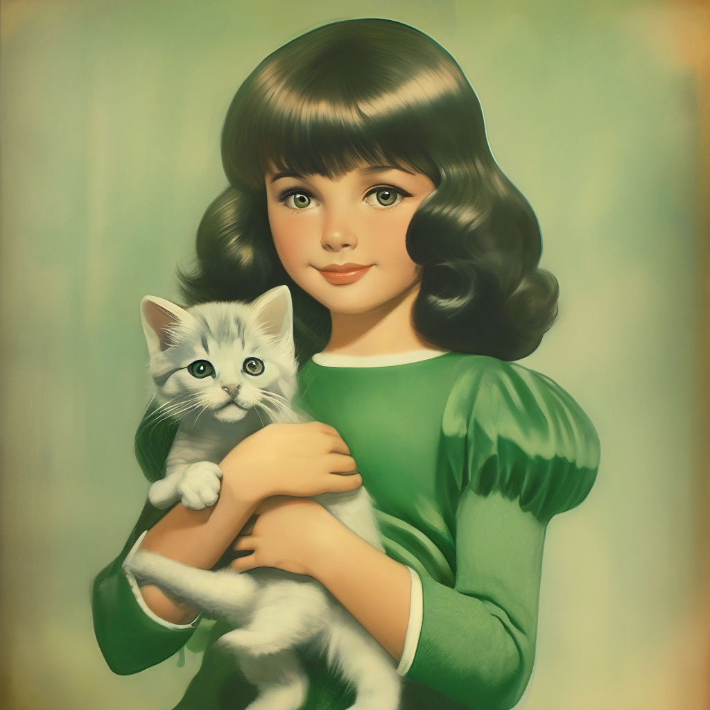 "A girl in a green dress holds a kitten" — image created in Shedevrum
