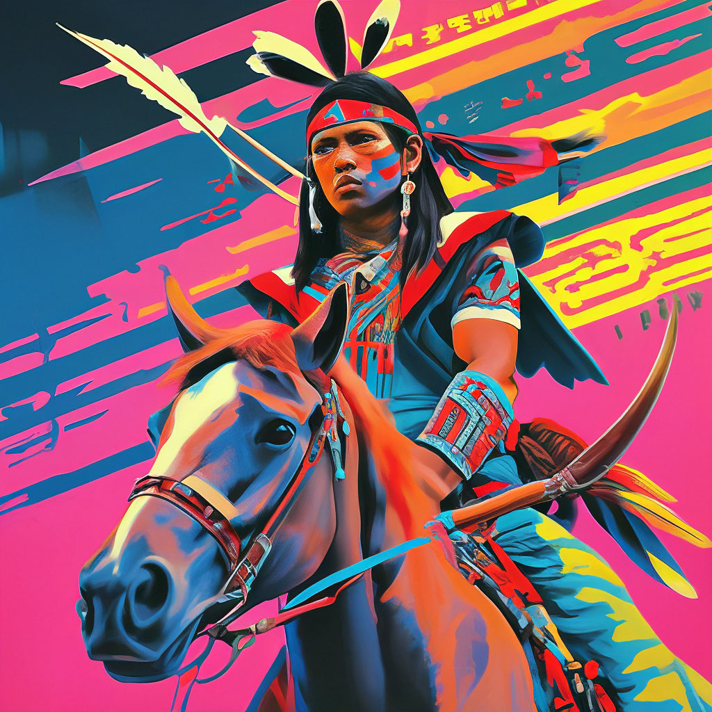 "A young Apache warrior on a horse, a headband of red cloth and two ...