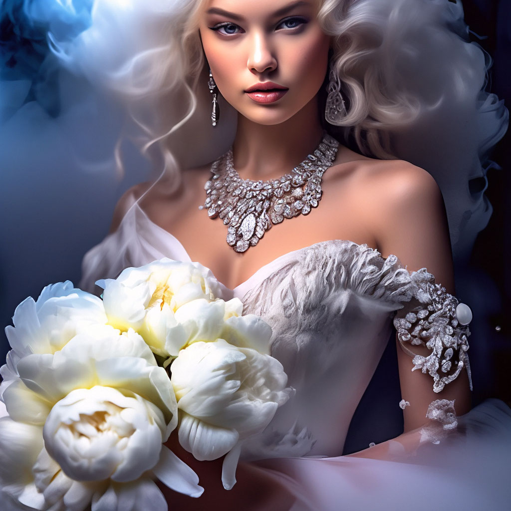 "A girl in a white fluffy dress made of smoke, makeup, clearly drawn ...