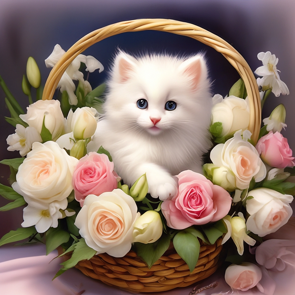"Cute, fluffy, white kitten in a basket with tea roses and lilies ...