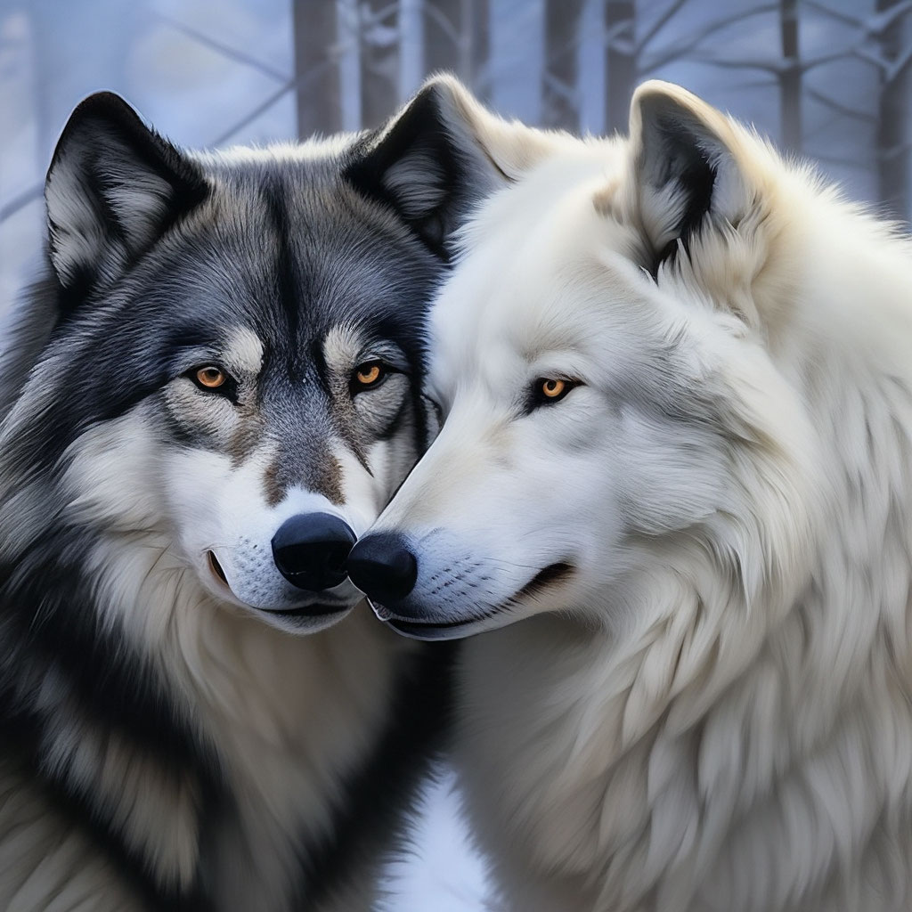 Чёрный волк и белая волчица, …» — создано в Шедевруме