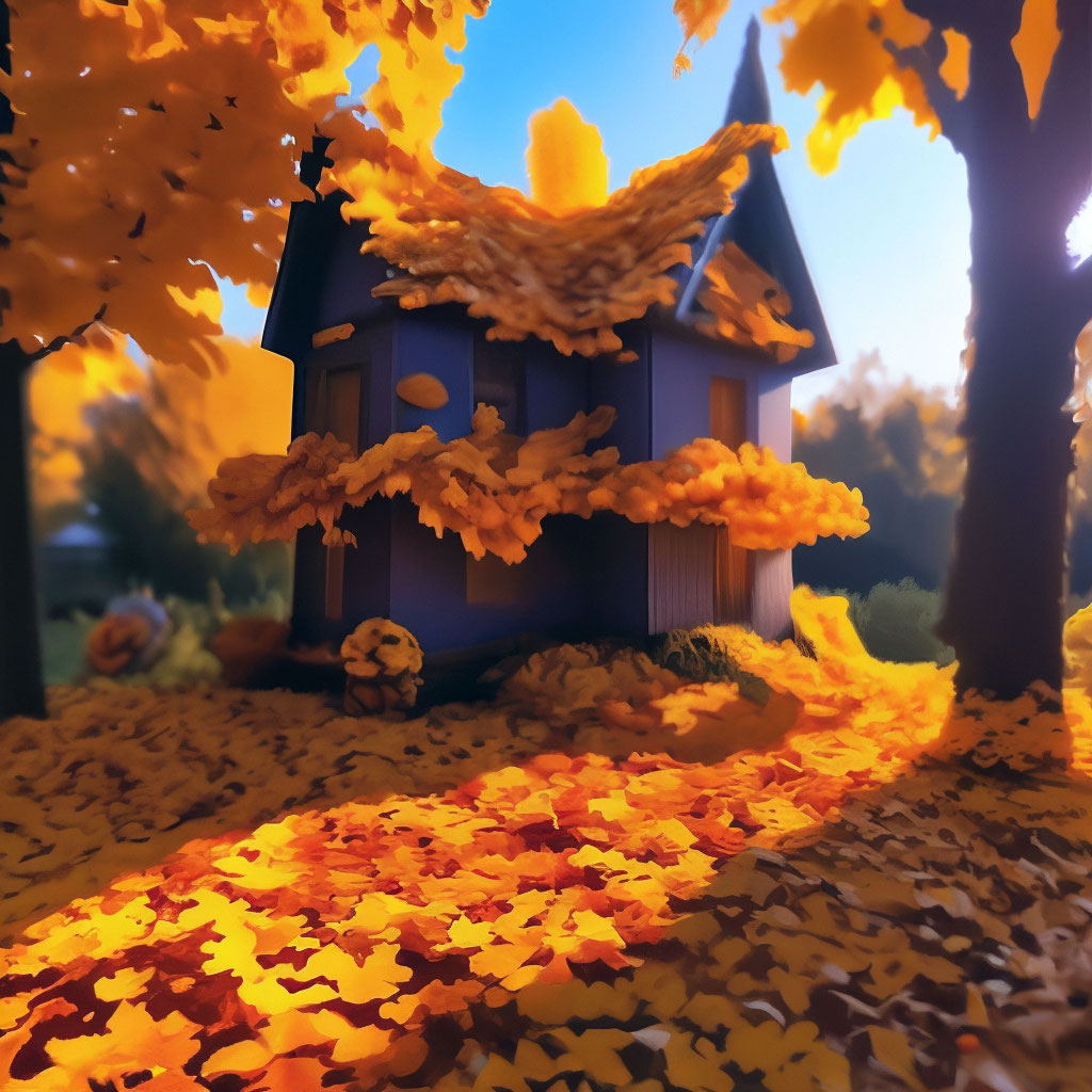 "A house made of autumn leaves in the garden, velvet" — image created ...