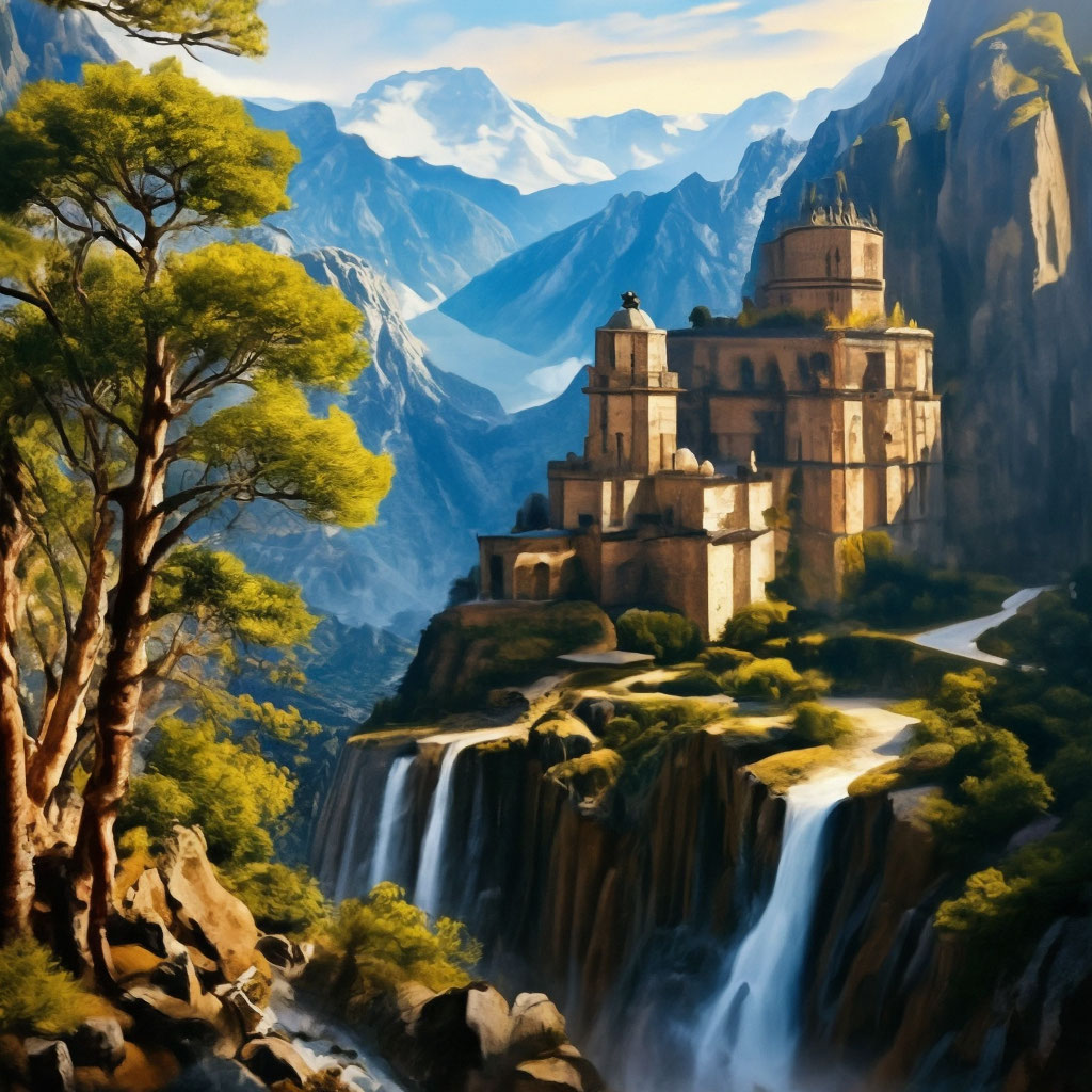 "An ancient monastery in the mountains,a waterfall,the sun is shining ...