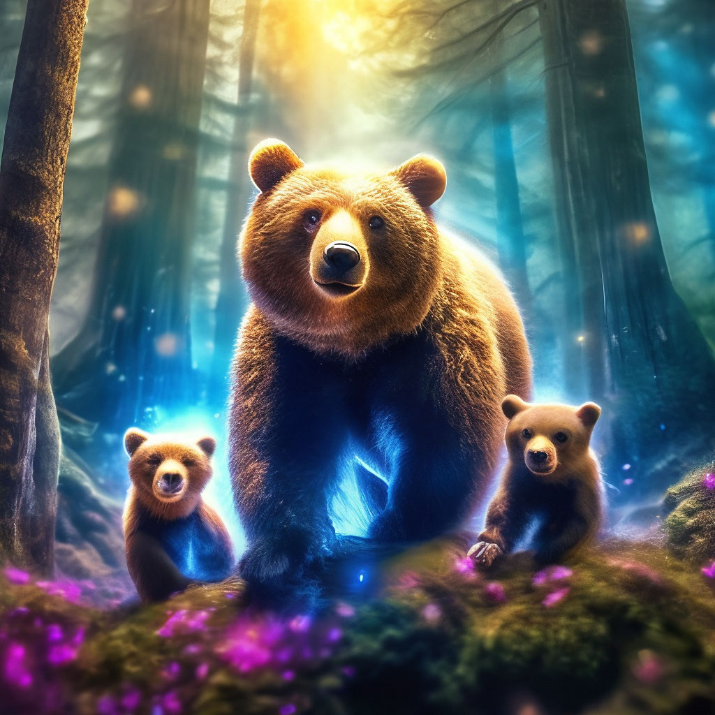"A bear with two cubs in a magical forest, fantasy style, elaboration ...