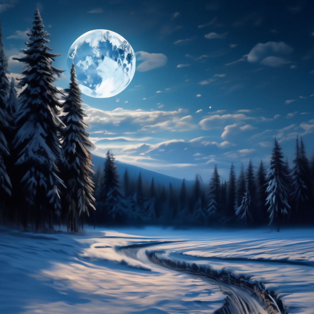 "Winter landscape, the moon is shining in the sky, stars, a flat field ...