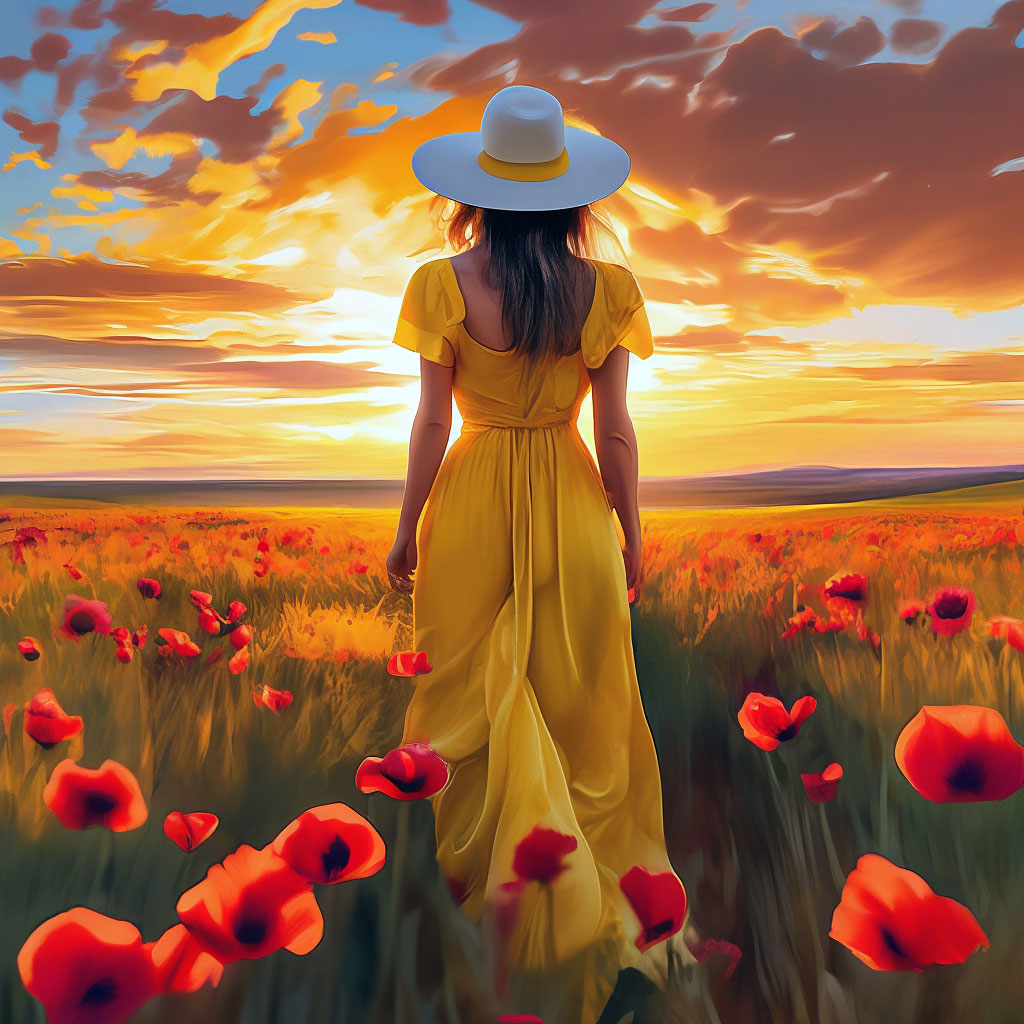 "A field of poppies at sunset, a girl stands with her back, in a yellow ...