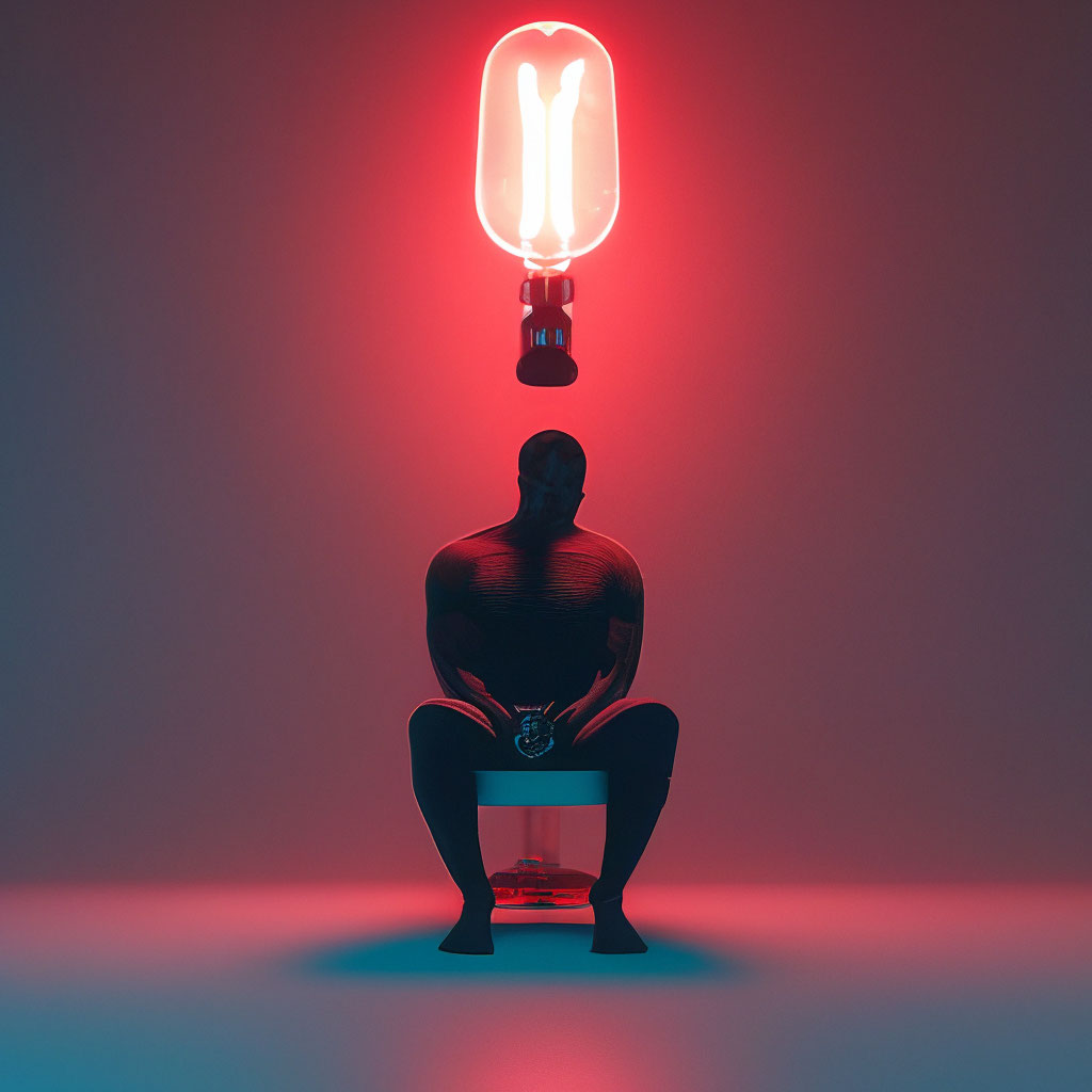 "A red light bulb under which a dark man is sitting on a chair with his ...