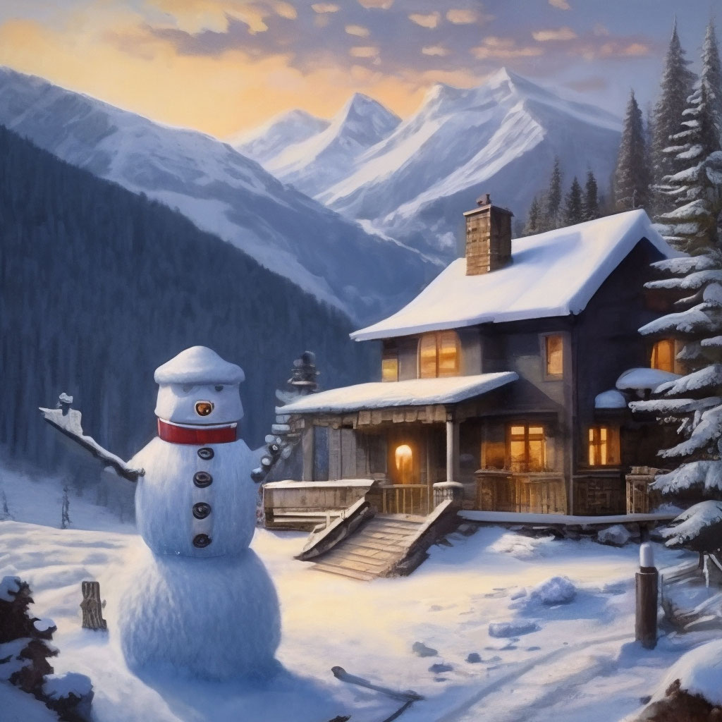 "A house in the mountains, covered with snow, a snowman near the house ...