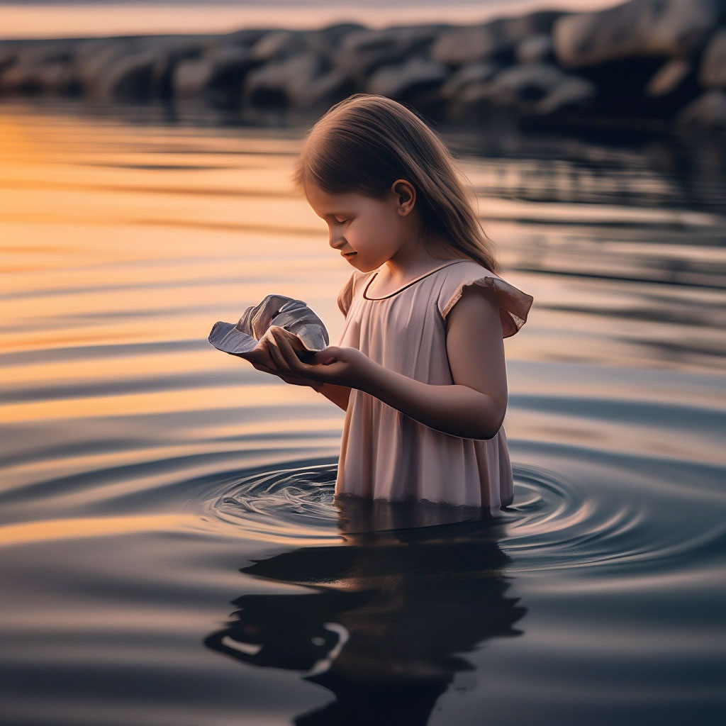 "The girl stands on the water and holds a shell" — image created in ...
