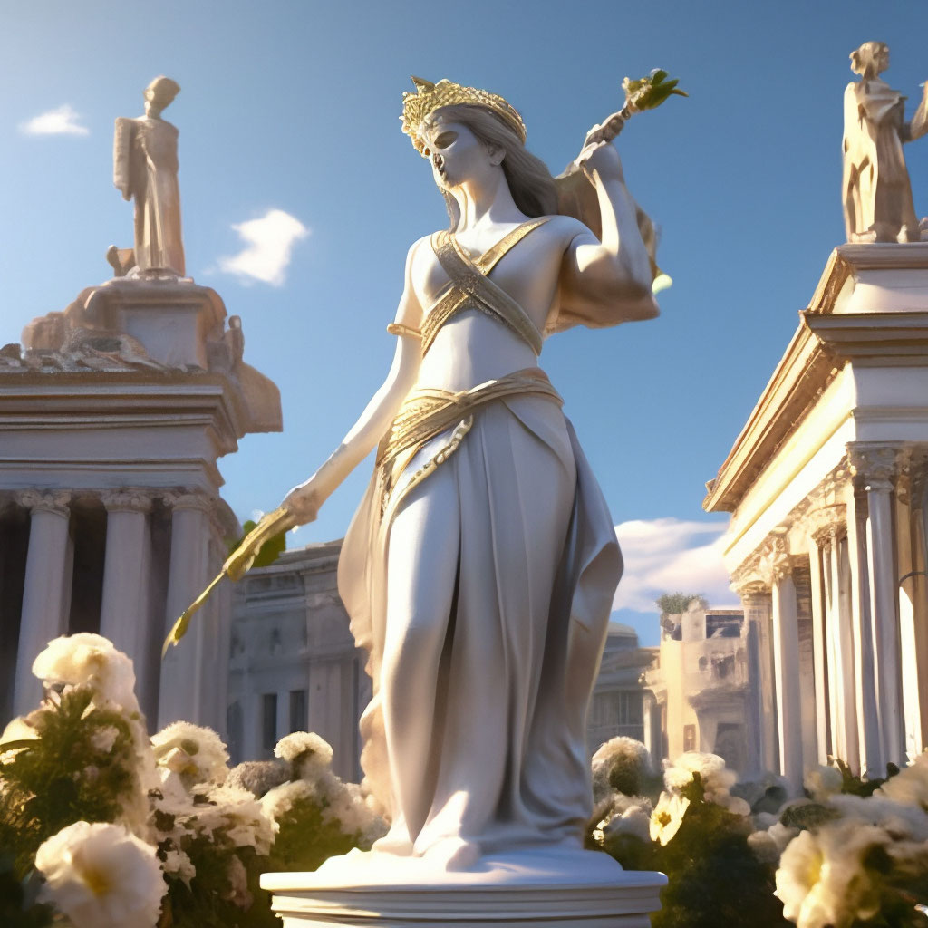"A white statue of a Roman goddess in flowers on the background of an ...