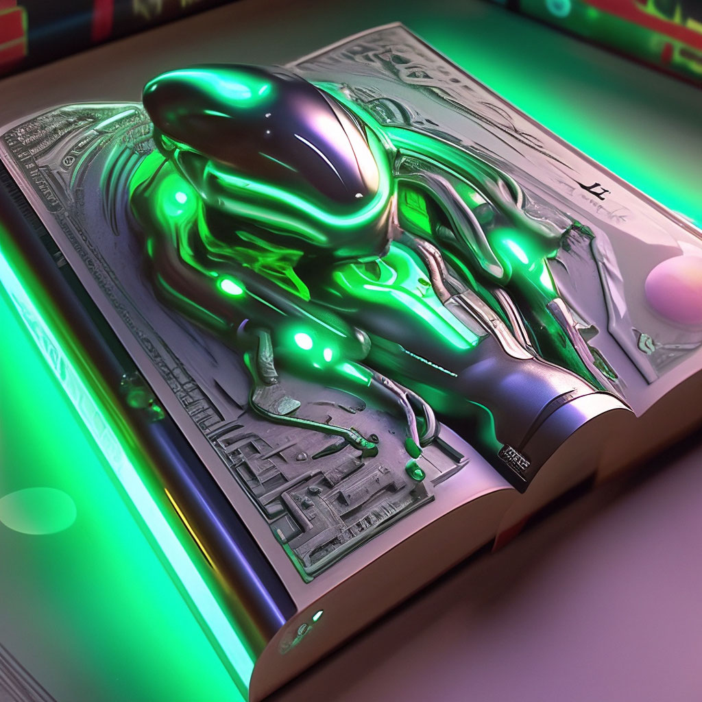 "Space book with 3d pages glowing for aliens" — image created in Shedevrum