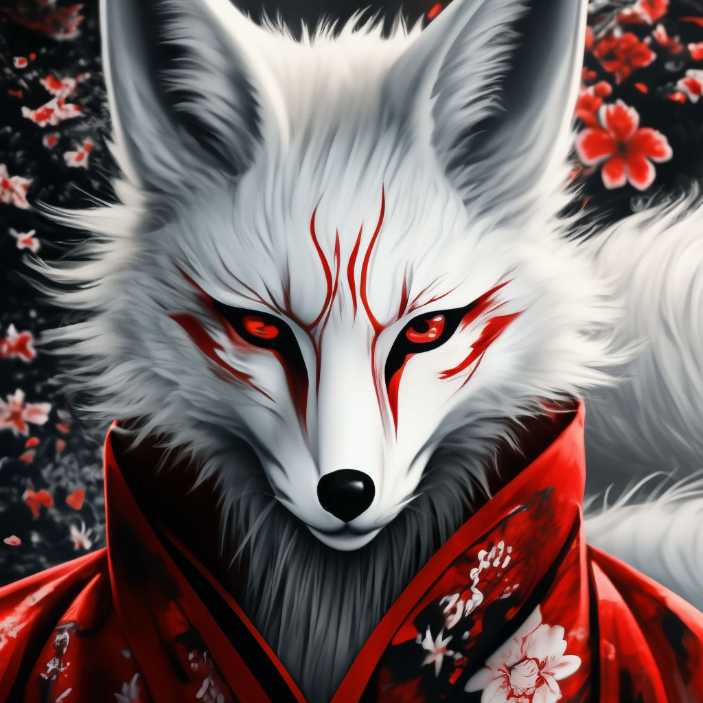 "Liquid ink, acrylic, clear ink drawing kitsune white fox with red face ...