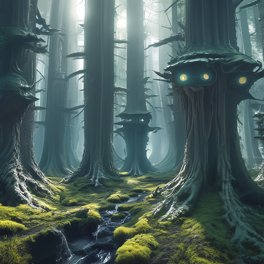 "Alien landscape, fantasy, coniferous forest of millennia, faces in the ...