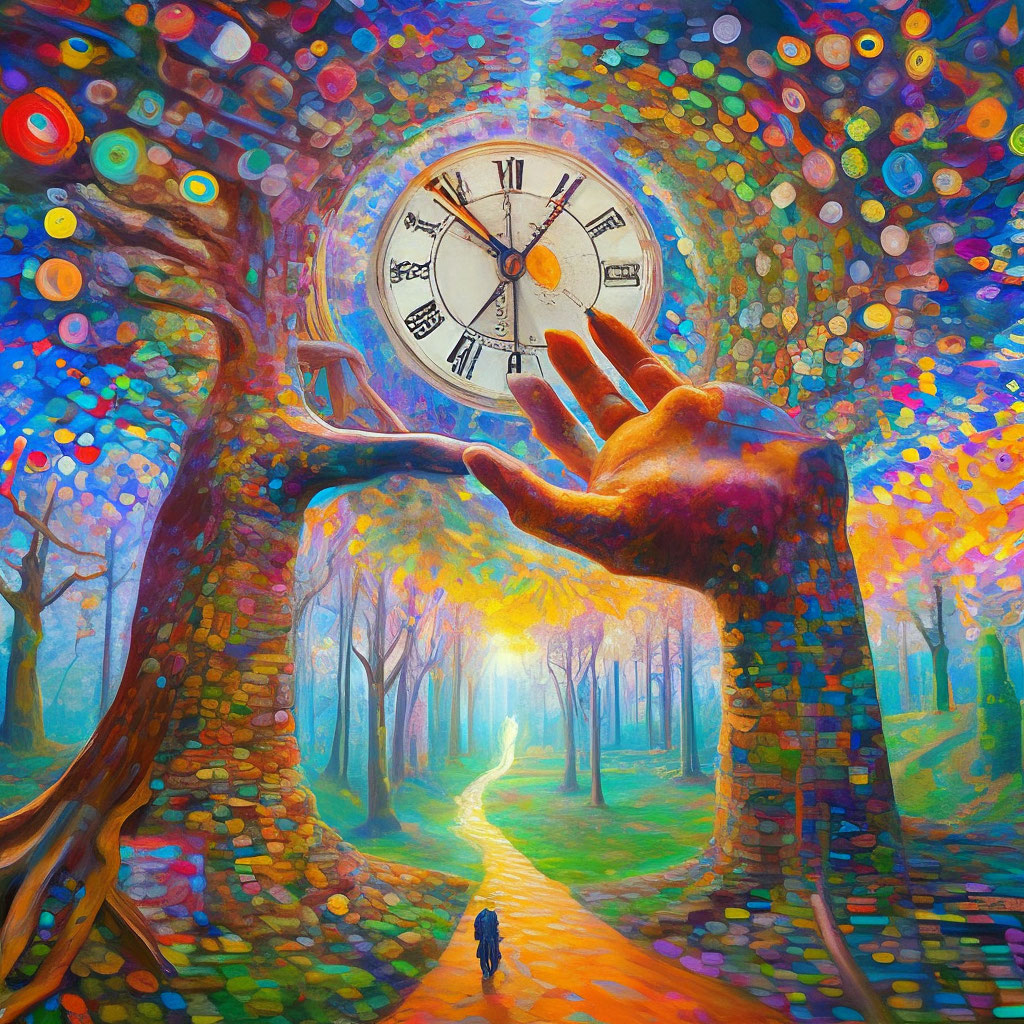 "In a surreal scene: a giant hand consisting of clock hands emerges ...