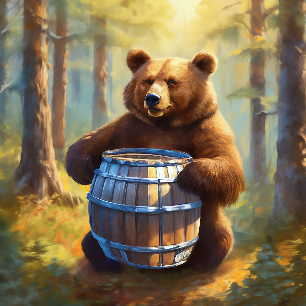 "Bear with a barrel of honey in the forest" — image created in Shedevrum