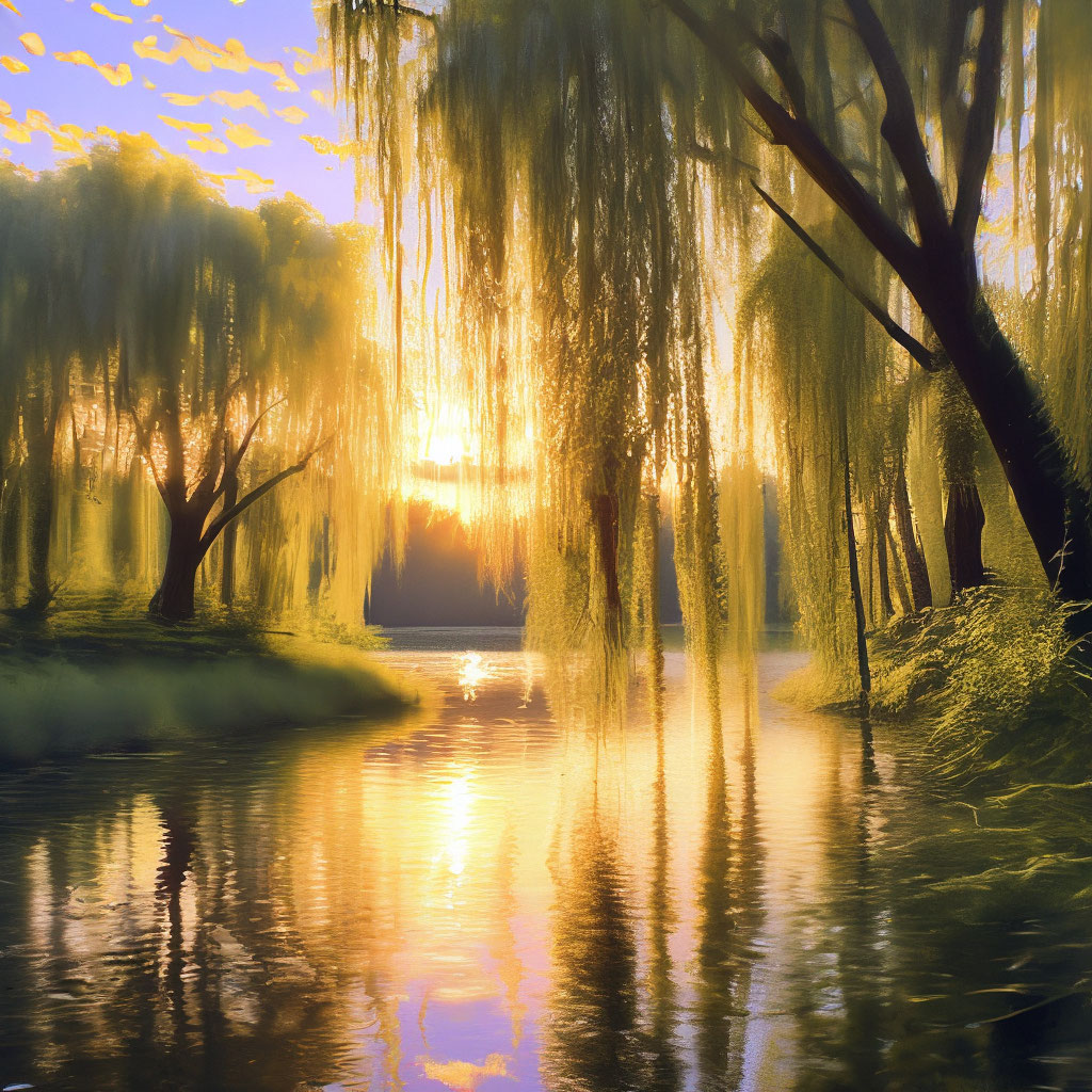 "Forest lake illuminated by the rising sun, weeping willows hanging ...