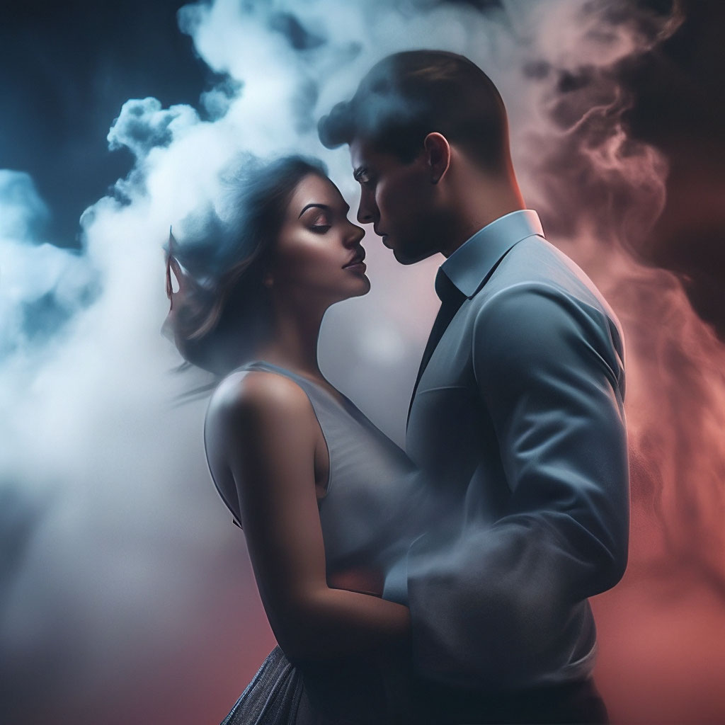 "Girl + guy+ bound , in smoke , couple" — image created in Shedevrum