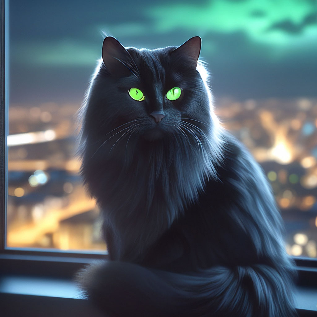 Большой чёрный пушистый кот с тё…» — создано в Шедевруме