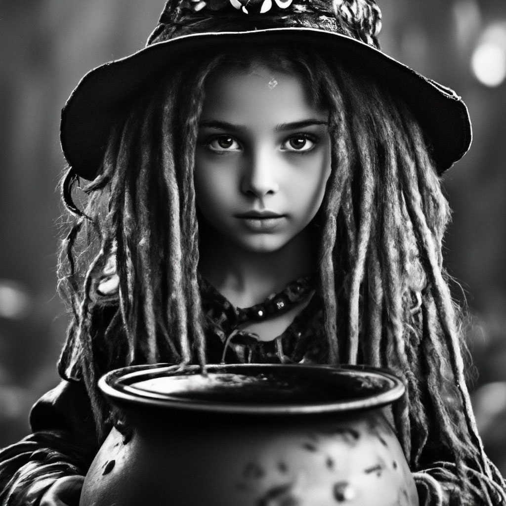"A little witch with dreadlocks and big eyes cooks a potion in a ...