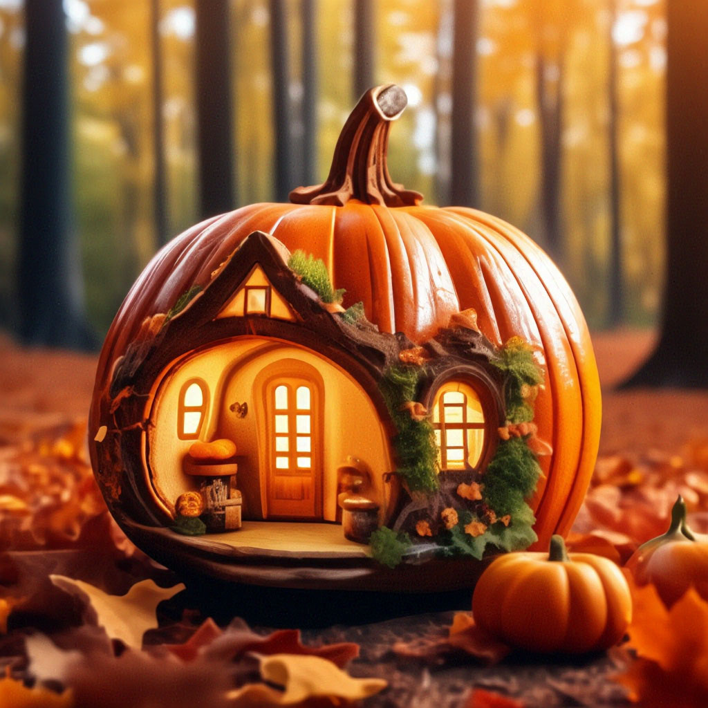 "🍁 professional photo, fabulous house inside a pumpkin, autumn forest ...