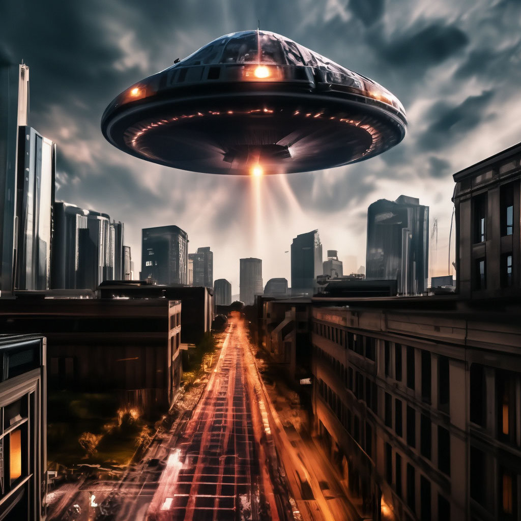 "Alien attack on the city" — image created in Shedevrum