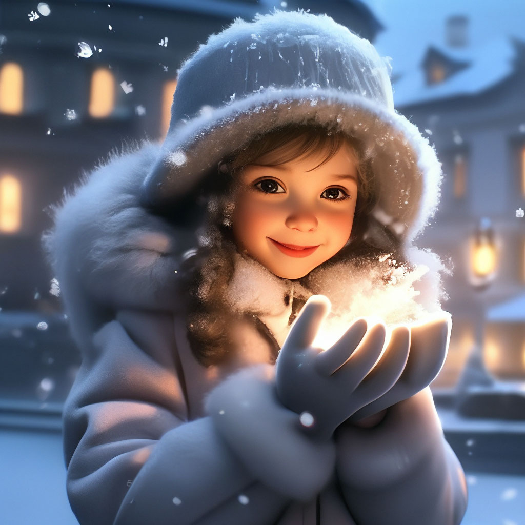 "A cute girl in a fur coat and hat catches snowflakes with her hands ...