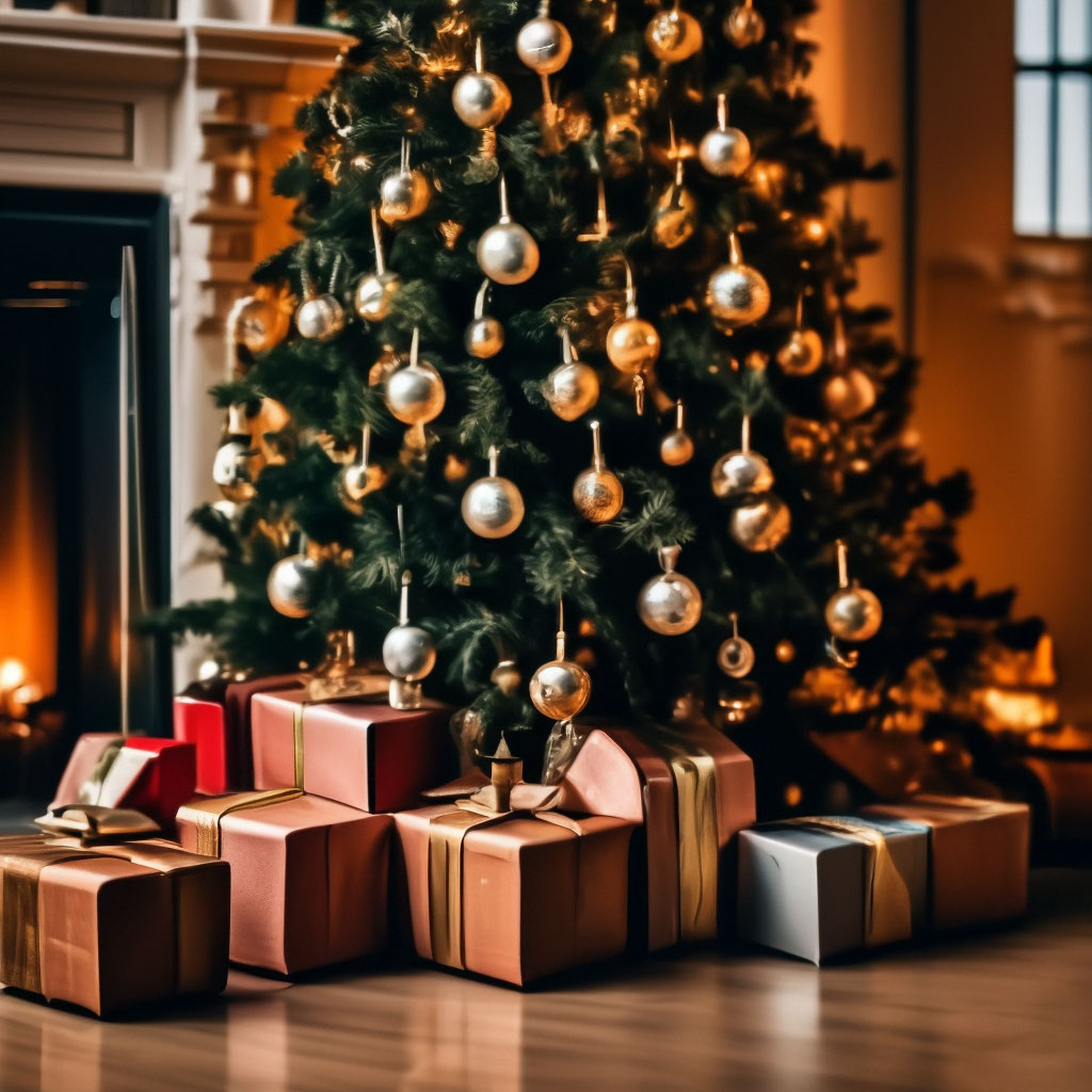 "A lush green Christmas tree with toys and a garland, gifts under the ...